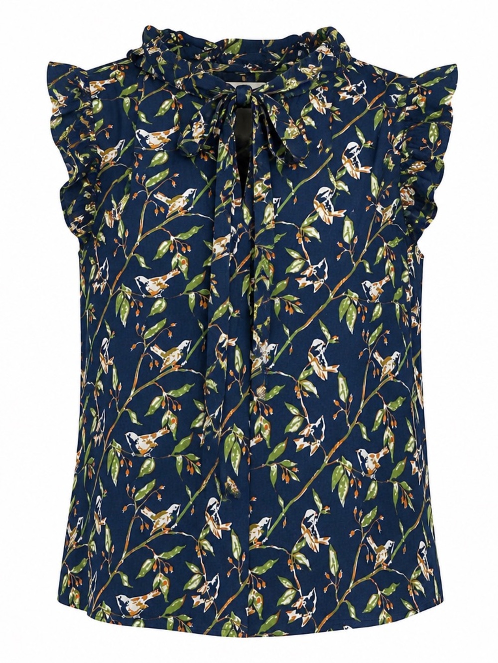 Anthropologie Porridge Birds Pattern Sleeveless Blouse with Neck Tie + Ruffles 2